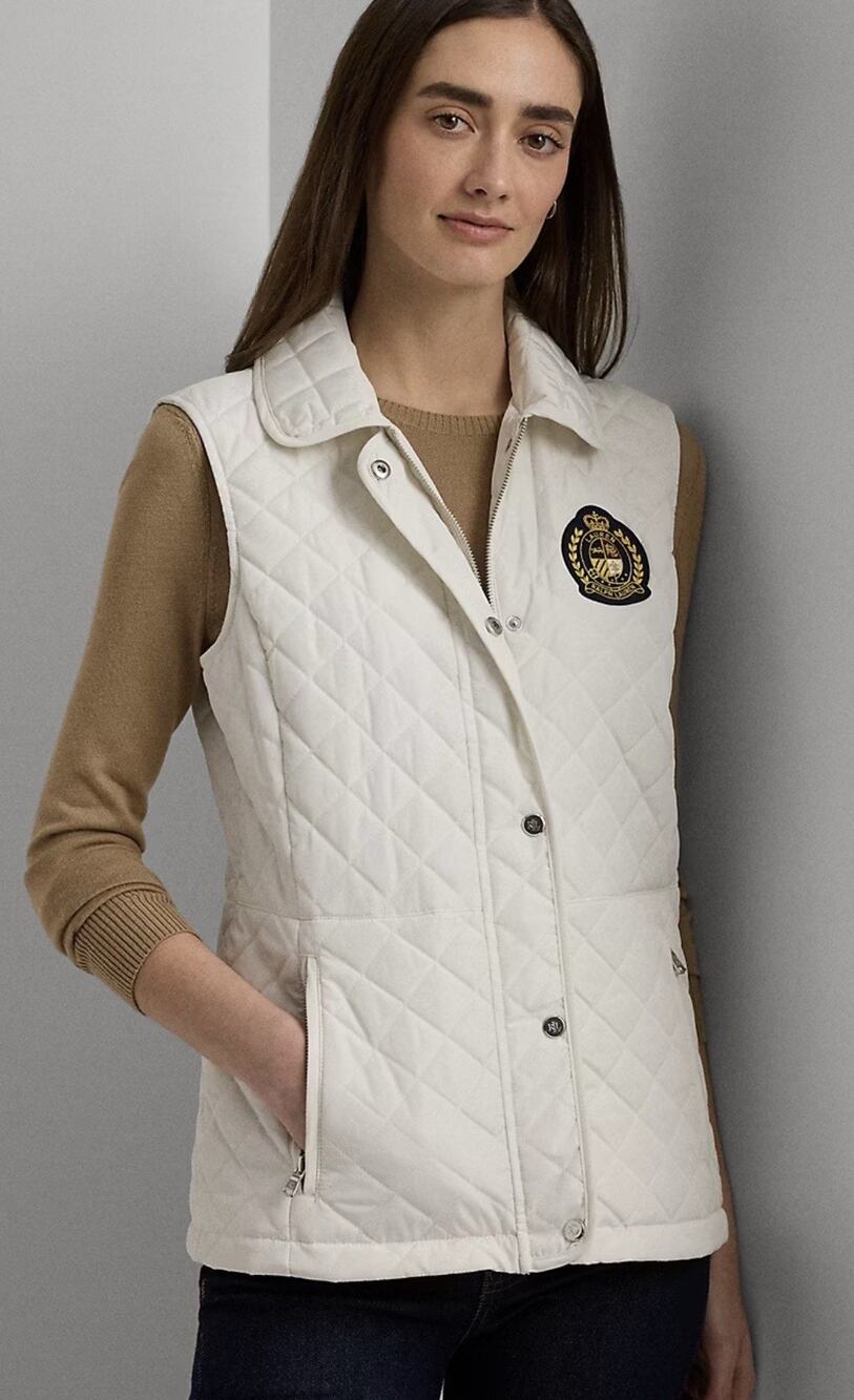 NWT Lauren Ralph Lauren Diamond Quilted Vest Ivory Cream Crest Logo Women’s XL